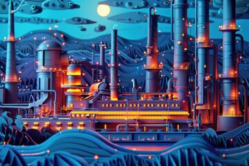 A painting of a factory with heavy smoke emissions. Suitable for environmental issues publications