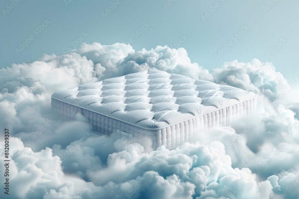 Poster A surreal image of a mattress floating in the clouds. Perfect for dream or sleep-related concepts