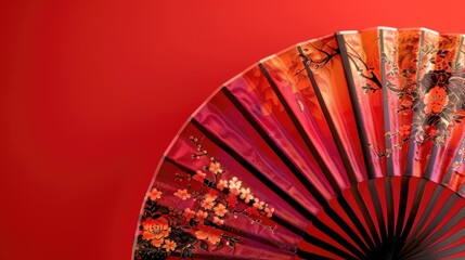 A close up of a fan on a vibrant red background. Perfect for cooling concepts