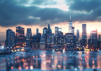 Obraz premium A stunning view of the New York City skyline at night with the Hudson River in the foreground.