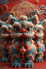 Fototapeta premium Three blue and gold colored cartoon lion statues with red background