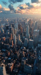 A metropolis with skyscrapers under the sunset