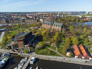 Aerial view of the Nordic Museum and Vasa Museum, Stockholm, Sweden, on a clear sunny spring day....
