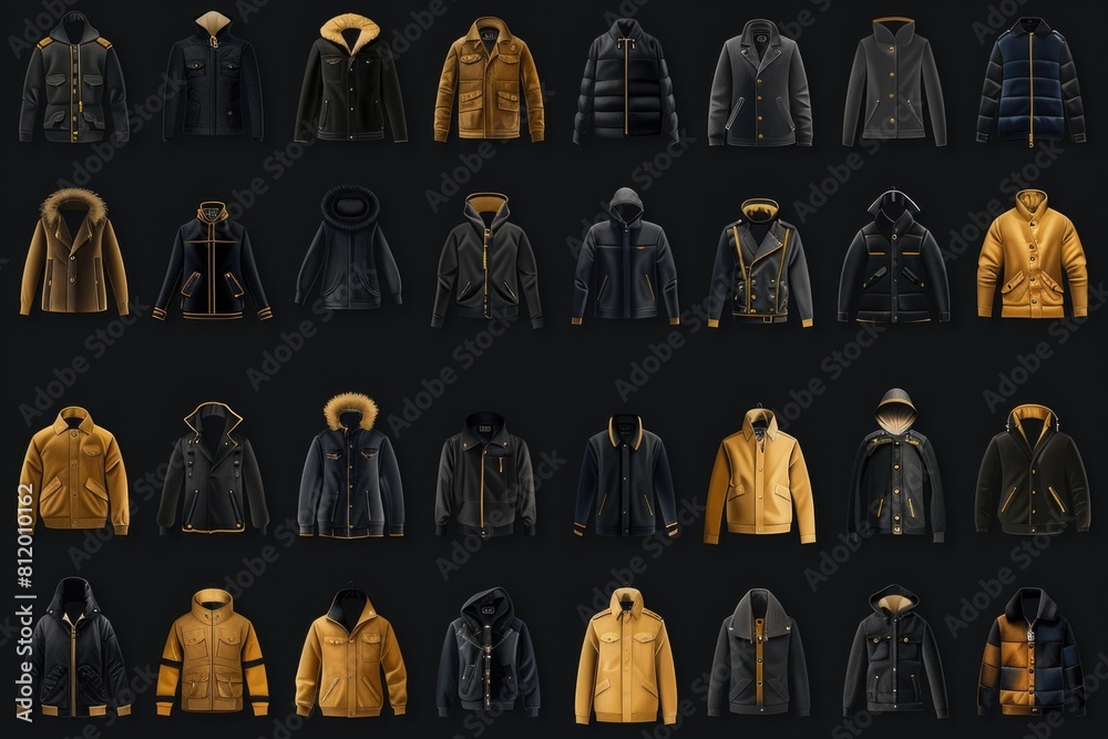 Poster various styles of jackets displayed on a dark backdrop. ideal for fashion or retail concepts