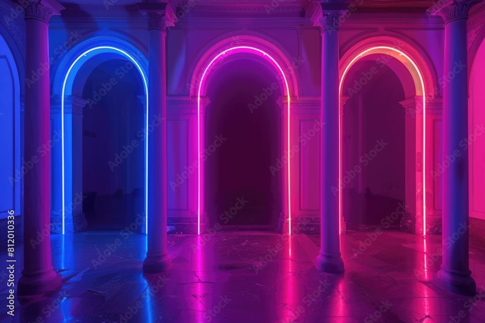Poster Interior with columns and colorful neon lights. Ideal for architectural design concepts