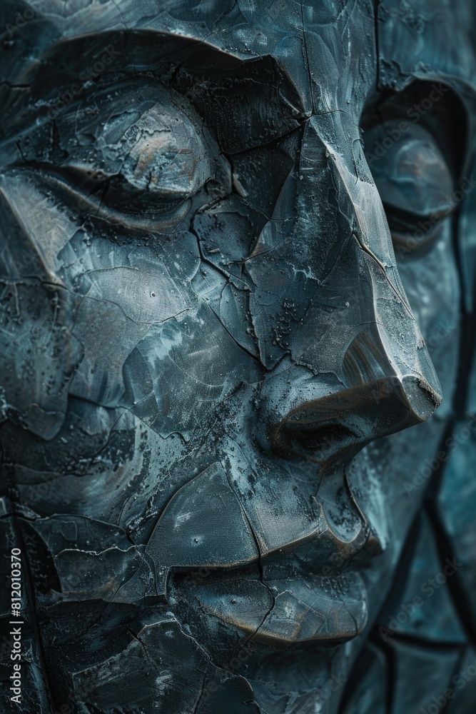 Poster detailed close-up of a statue depicting a man's face. suitable for historical and art concepts
