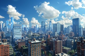 Fototapeta premium A cityscape of a modern city with skyscrapers and a blue sky