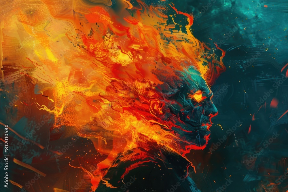 Poster a striking digital painting of a man with fire emitting from his head. ideal for fiery and intense c