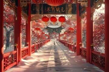 Chinese courtyard with red lanterns and snow