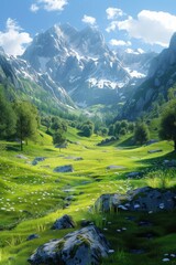 The verdant valley between the majestic snow-capped mountains