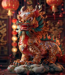 A 3D rendering of a Chinese guardian lion with red and gold accents.