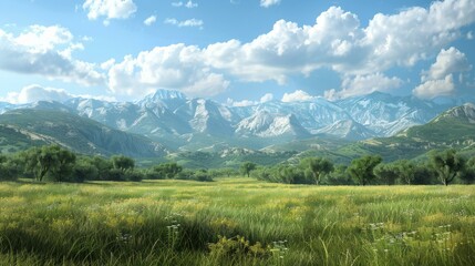 Obraz premium idyllic mountain landscape with green fields and blue sky