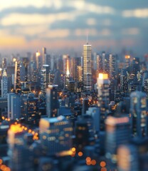 Fototapeta premium A miniature city model with skyscrapers and lights at sunset