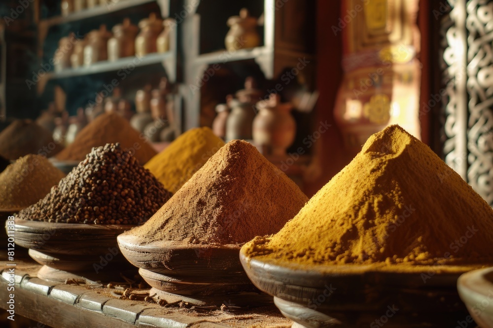 Poster various types of spices in different bowls, ideal for culinary projects