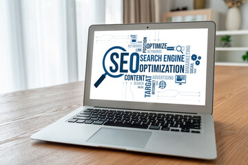 SEO search engine optimization for modish e-commerce and online retail business showing on computer...