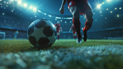 Naklejka premium action of a nighttime soccer game, focusing on the pivotal moment between the player and the ball, ready for the next big play. It conveys the excitement and competitive spirit of the sport.
