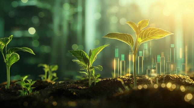the growth potential of wise investments, symbolized by the young plants emerging from the soil, with the ascending investment graphs in the background representing financial prosperity. 