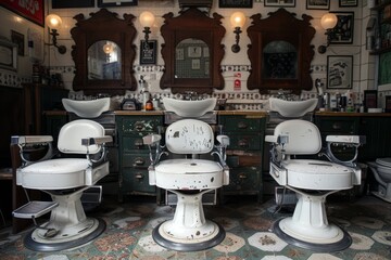 Traditional barbershop interior with vintage white barber chairs, ornate mirrors, and antique decor
