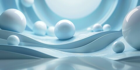 3D rendering of a blue and white abstract landscape with multiple spheres