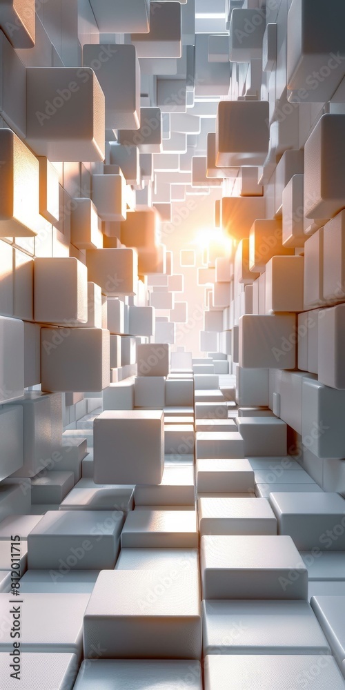 Poster Futuristic 3D rendering of a tunnel made of white cubes with a bright light at the end