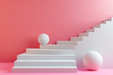 Obraz premium 3D rendering of a pink and white geometric background with a staircase and two spheres