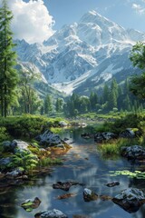 Stunning mountain landscape with river and trees