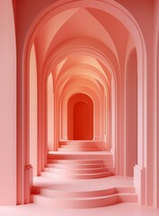 Pink arched hallway with pink stairs