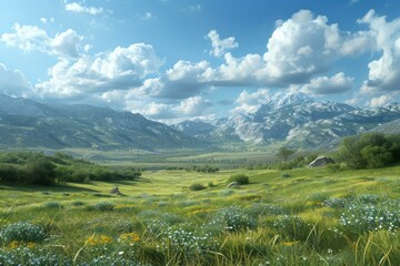 Obraz premium idyllic mountain landscape with green fields and a river