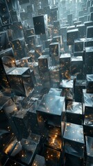 A perspective view of a large number of randomly arranged three-dimensional cubes with glowing points inside them