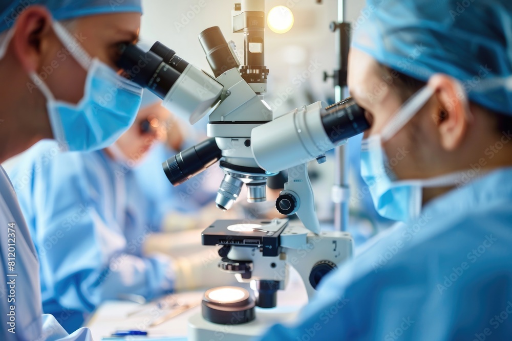 Aufkleber group of doctors analyzing samples with a microscope. suitable for medical and scientific concepts