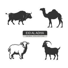 Obraz premium Logo of a Eid al adha animal collection camel buffalo sheep and goat icon silhouette design on white background