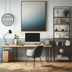 A desk with a chair and a poster on the wall image art realistic used for printing.