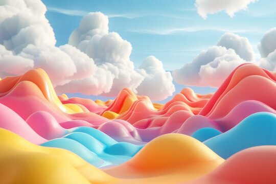 Colorful 3D landscape with rolling hills and clouds