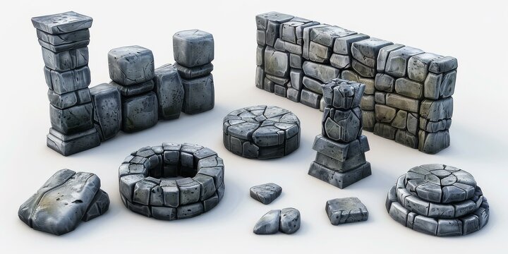 A set of gray stone blocks of different shapes and sizes