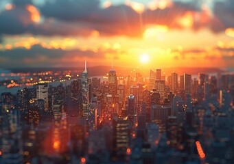 Small city model with sunset