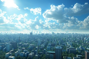 Fototapeta premium A cityscape of a large city with many tall buildings and a blue sky