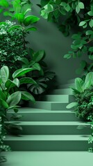 Green plants and leaves on the podium