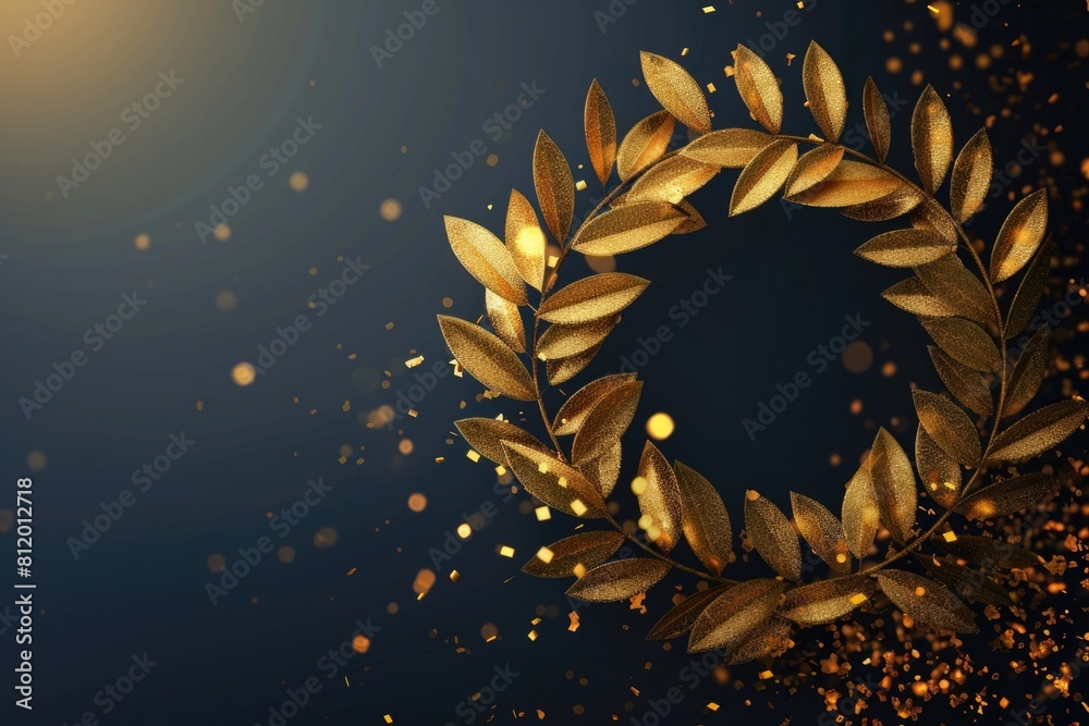 Poster elegant gold leaf wreath on a vibrant blue background, perfect for adding a touch of sophistication 