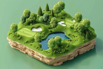 A scenic miniature golf course with a pond and lush trees. Ideal for recreational or leisure concepts