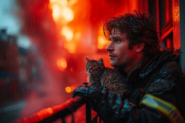Obraz premium Firefighter rescues kitten from burning house amidst visible flames