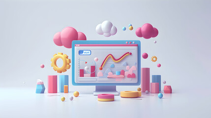 Cutting Edge Cloud Analytics Platform Launch: 3D Cute Icon as Cloud Driven Data Analytics Concept for Vast Data Sets Visualization Isometric Scene