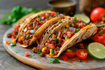 Fresh mexican food tacos on the wooden board with limes tomatos beef meet corn greens and onions. Salsa sauce