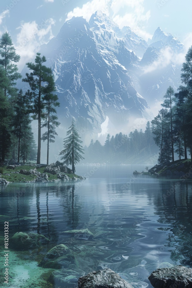 Wall mural Tranquil mountain lake in a valley with dense green pine trees on the shore