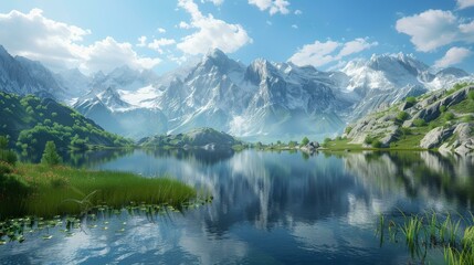 Mountains, lake and green field landscape