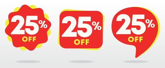 25% off. Discount price, value. Special offer tag, sticker. Advertising red, yellow, business. Campaign shop, sales, retail, store. Set, vector, icon