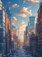 Obraz premium A bustling urban street scene with cars and people crossing the road in the heart of a big city