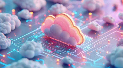 Enhancing Cloud Network Performance: 3D Cute Icon of IT Specialists Working on Faster, More Reliable Service in Isometric Scene.