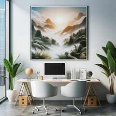 A desk with a computer and a painting on the wall image art photo harmony has illustrative meaning.