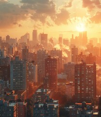 Fototapeta premium A cityscape of tall buildings with the sun rising in the background