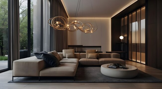 modern living interior,Design a modern living room with a statement lighting and sofas, panos in living room